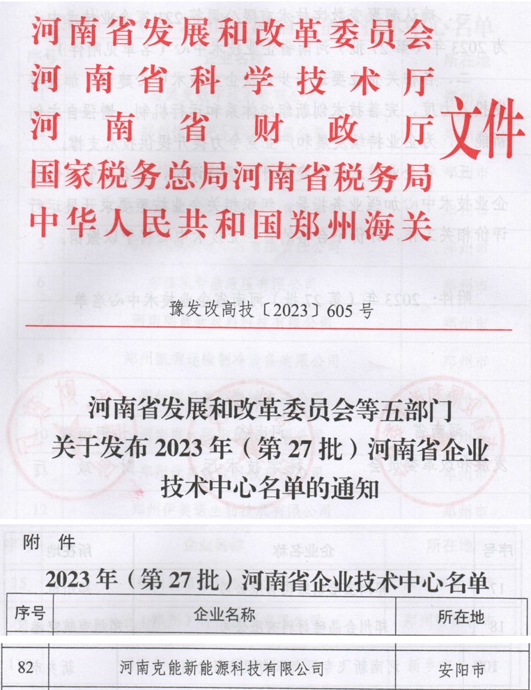 克能新能源正式入選2023年（第27批）河南省企業(yè)技術中心（20231127）